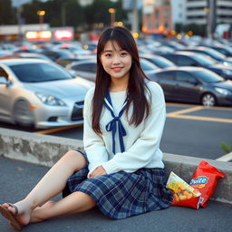 A beautiful young Japanese college student sitting casually near a parking lot in a city