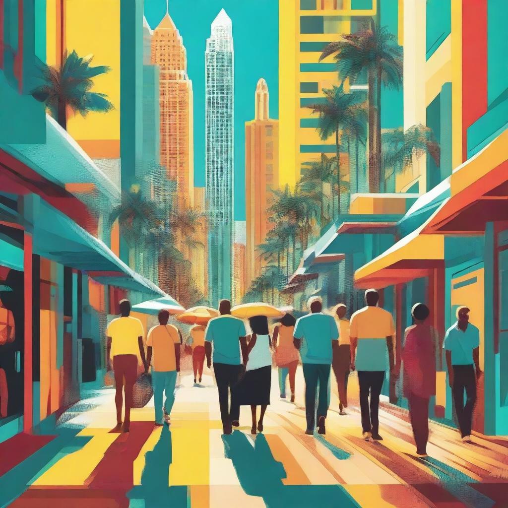 A vibrant digital art piece featuring a lively scene of people walking on the streets of Miami