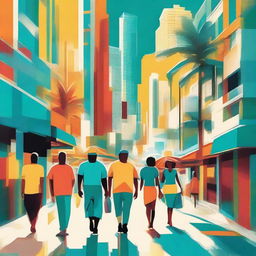 A vibrant digital art piece featuring a lively scene of people walking on the streets of Miami