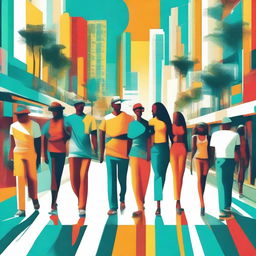 A vibrant digital art piece featuring a lively scene of people walking on the streets of Miami