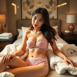 A Japanese girl in a seductive pose, freshly after a bath, wearing a pink strapless bra and matching see-through lace panties