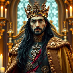 A regal king with long flowing black hair and deep emerald green eyes, adorned with an intricately designed gold crown