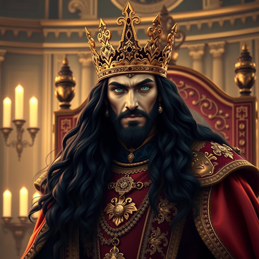 A regal king with long flowing black hair and deep emerald green eyes, adorned with an intricately designed gold crown