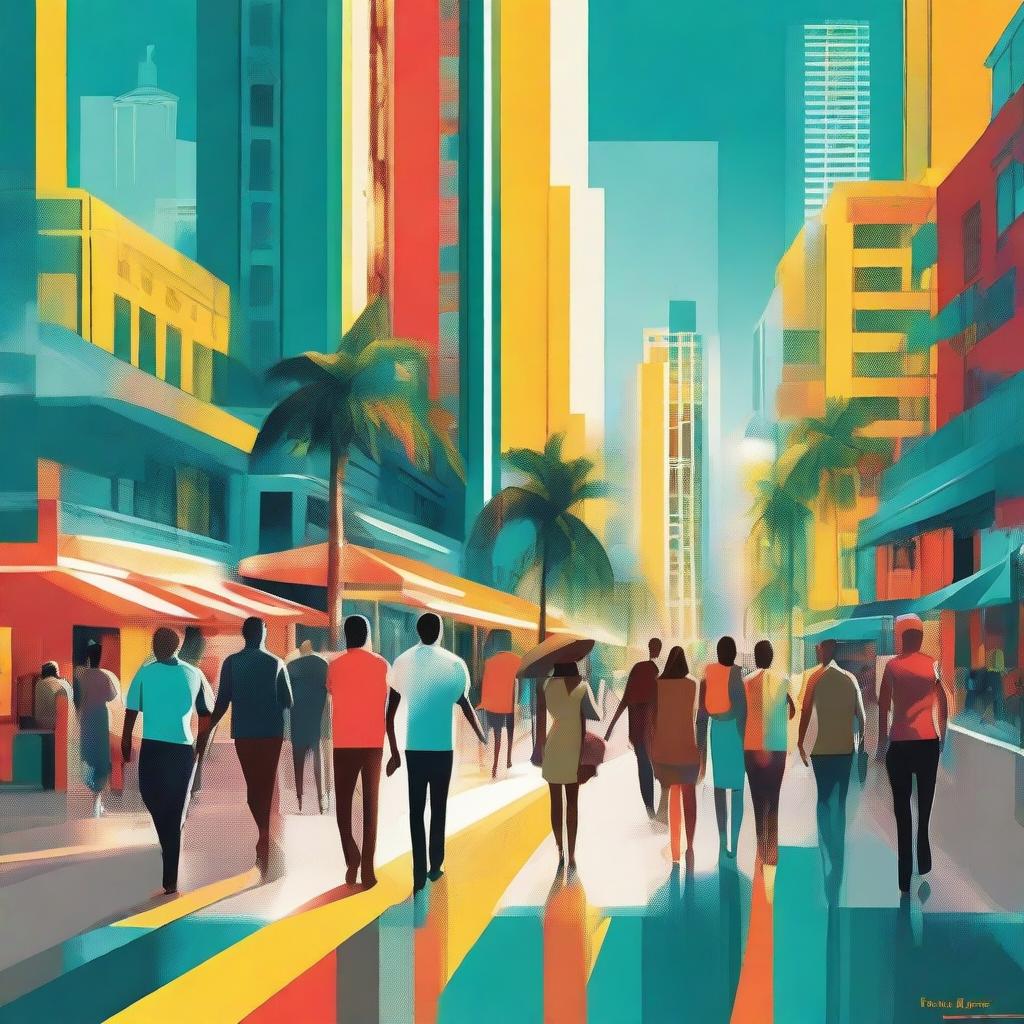 A vibrant digital art piece featuring a lively scene of people walking on the streets of Miami