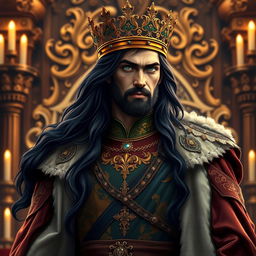 A regal king with long flowing black hair and deep emerald green eyes, adorned with an intricately designed gold crown