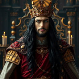 A regal king with long flowing black hair and deep emerald green eyes, adorned with an intricately designed gold crown