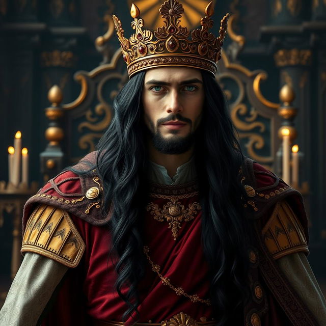 A regal king with long flowing black hair and deep emerald green eyes, adorned with an intricately designed gold crown