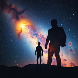 An evocative scene depicting a person engaged in the exploration of their shadow self, with a striking cosmic backdrop filled with twinkling stars and colorful nebulae