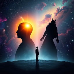 An evocative scene depicting a person engaged in the exploration of their shadow self, with a striking cosmic backdrop filled with twinkling stars and colorful nebulae