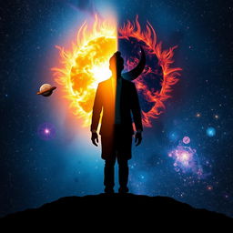 An evocative scene depicting a person engaged in the exploration of their shadow self, with a striking cosmic backdrop filled with twinkling stars and colorful nebulae
