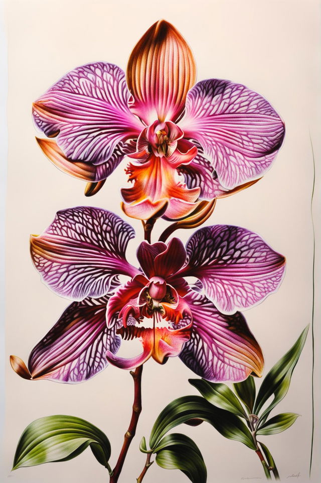 A top-tier crayon drawing of an orchid, showcasing the artist's ability to capture the flower's intricate details and vibrant colors