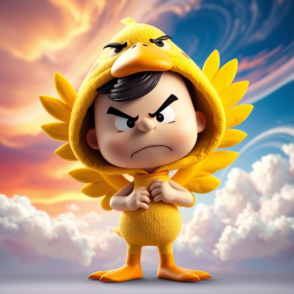 A Peanuts character dressed in a vibrant duck costume, showcasing an exaggerated angry expression