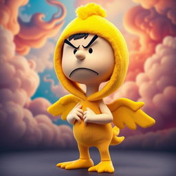 A Peanuts character dressed in a vibrant duck costume, showcasing an exaggerated angry expression