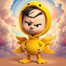 A Peanuts character dressed in a vibrant duck costume, showcasing an exaggerated angry expression