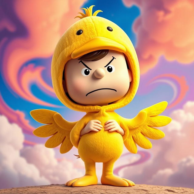 A Peanuts character dressed in a vibrant duck costume, showcasing an exaggerated angry expression