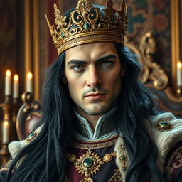 A handsome king with long flowing black hair and striking deep green eyes, proudly wearing an ornate gold crown