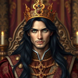 A handsome king with long flowing black hair and striking deep green eyes, proudly wearing an ornate gold crown