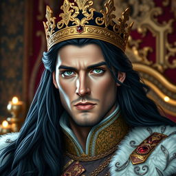 A handsome king with long flowing black hair and striking deep green eyes, proudly wearing an ornate gold crown