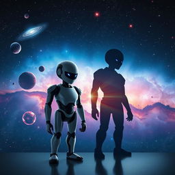 An imaginative scene featuring a sleek, futuristic robot engaged in the exploration of its shadow self