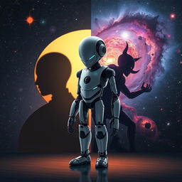 An imaginative scene featuring a sleek, futuristic robot engaged in the exploration of its shadow self