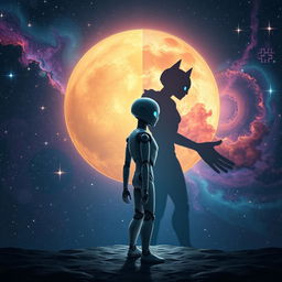 An imaginative scene featuring a sleek, futuristic robot engaged in the exploration of its shadow self