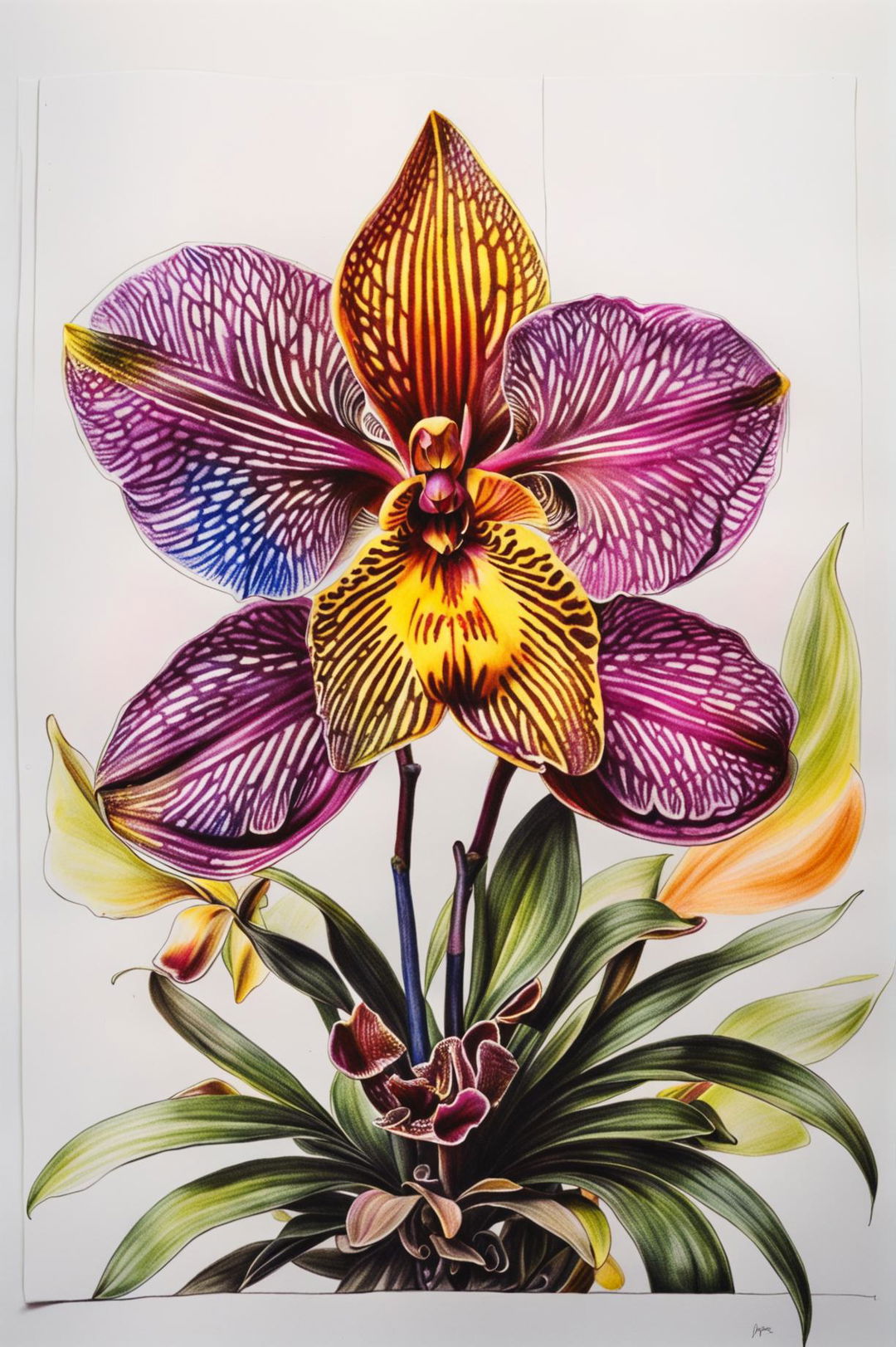 A striking Sharpie marker drawing of an orchid on a sketch pad