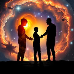A thought-provoking scene depicting a person shaking hands with their shadow, symbolizing the acceptance of both their good and evil sides