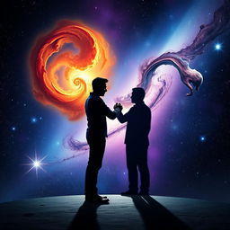 A thought-provoking scene depicting a person shaking hands with their shadow, symbolizing the acceptance of both their good and evil sides