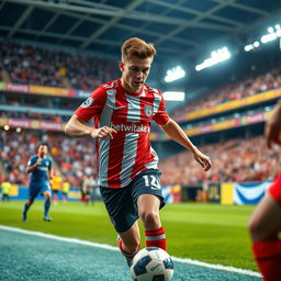 A dynamic action shot of a young, energetic soccer player, Jude Bellingham, in a vibrant football stadium during a match