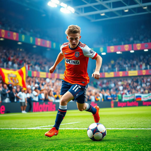 A dynamic action shot of a young, energetic soccer player, Jude Bellingham, in a vibrant football stadium during a match