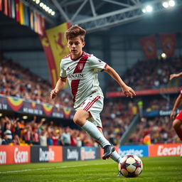 A dynamic action shot of a young, energetic soccer player, Jude Bellingham, in a vibrant football stadium during a match