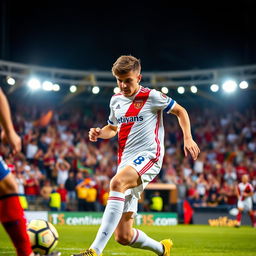 A dynamic action shot of a young, energetic soccer player, Jude Bellingham, in a vibrant football stadium during a match