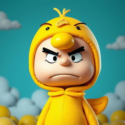 A Peanuts character dressed in a vivid duck costume with an exaggerated angry expression