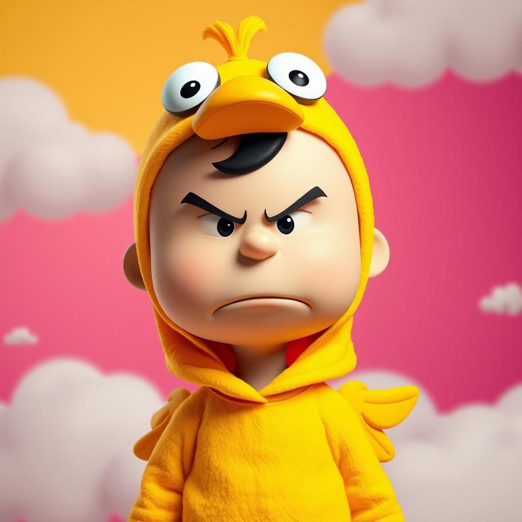 A Peanuts character dressed in a vivid duck costume with an exaggerated angry expression