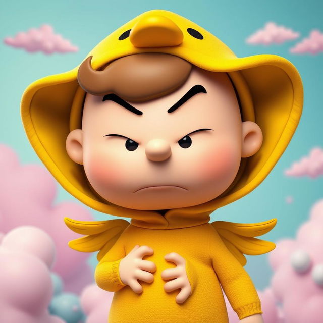 A Peanuts character dressed in a vivid duck costume with an exaggerated angry expression