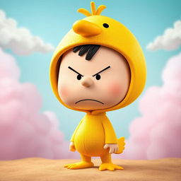 A Peanuts character dressed in a vivid duck costume with an exaggerated angry expression