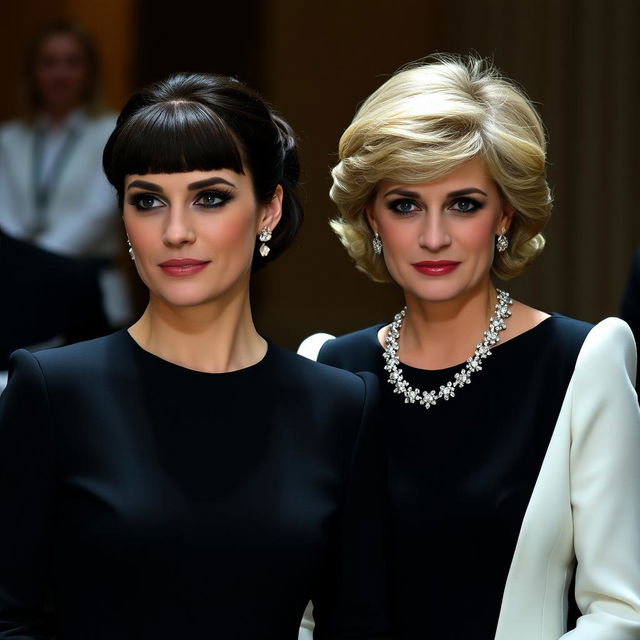 A tall, pretty woman with dark brown hair styled in bangs, pulled into a half up half down hairstyle, standing next to a middle-aged woman resembling Princess Diana, with iconic blonde hair