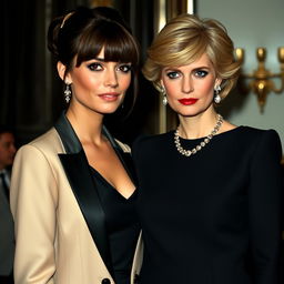 A tall, pretty woman with dark brown hair styled in bangs, pulled into a half up half down hairstyle, standing next to a middle-aged woman resembling Princess Diana, with iconic blonde hair