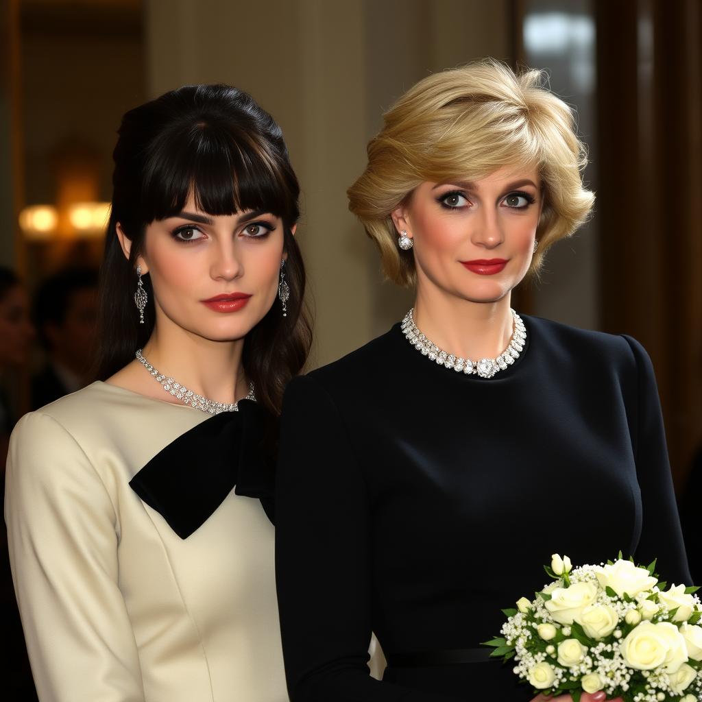 A tall, pretty woman with dark brown hair styled in bangs, pulled into a half up half down hairstyle, standing next to a middle-aged woman resembling Princess Diana, with iconic blonde hair