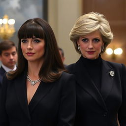 A tall, pretty woman with dark brown hair styled in bangs, pulled into a half up half down hairstyle, standing next to a middle-aged woman resembling Princess Diana, with iconic blonde hair