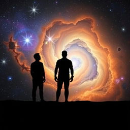 A thought-provoking scene showcasing three shadows standing in a queue against a mesmerizing cosmic backdrop filled with vibrant stars and swirling nebulae