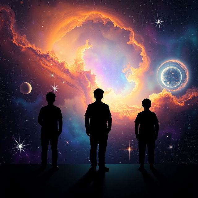 A thought-provoking scene showcasing three shadows standing in a queue against a mesmerizing cosmic backdrop filled with vibrant stars and swirling nebulae