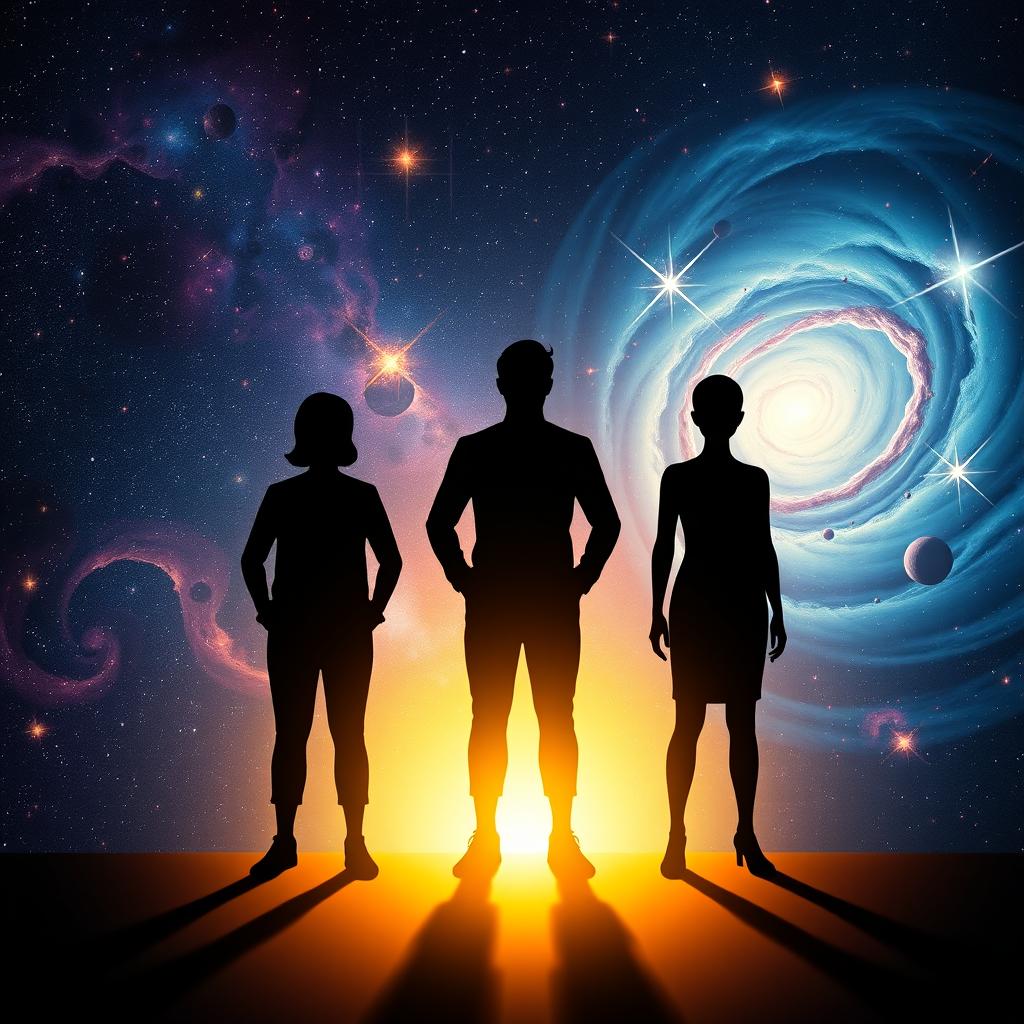 A thought-provoking scene showcasing three shadows standing in a queue against a mesmerizing cosmic backdrop filled with vibrant stars and swirling nebulae