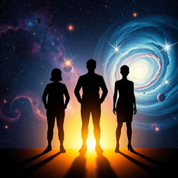 A thought-provoking scene showcasing three shadows standing in a queue against a mesmerizing cosmic backdrop filled with vibrant stars and swirling nebulae