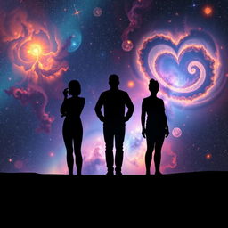 A thought-provoking scene showcasing three shadows standing in a queue against a mesmerizing cosmic backdrop filled with vibrant stars and swirling nebulae