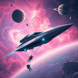 A breathtaking space exploration scene for a sci-fi book cover, featuring a futuristic spacecraft gracefully gliding through a vibrant, star-studded galaxy