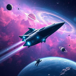 A breathtaking space exploration scene for a sci-fi book cover, featuring a futuristic spacecraft gracefully gliding through a vibrant, star-studded galaxy