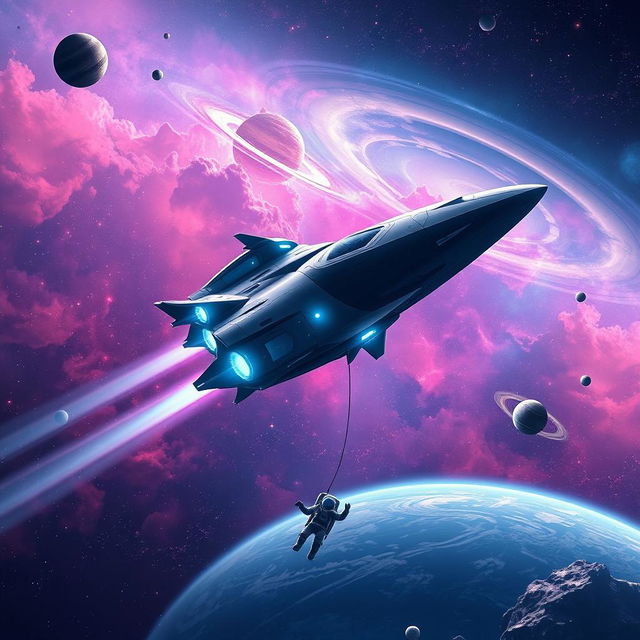 A breathtaking space exploration scene for a sci-fi book cover, featuring a futuristic spacecraft gracefully gliding through a vibrant, star-studded galaxy