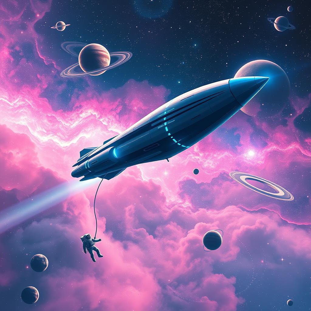 A breathtaking space exploration scene for a sci-fi book cover, featuring a futuristic spacecraft gracefully gliding through a vibrant, star-studded galaxy