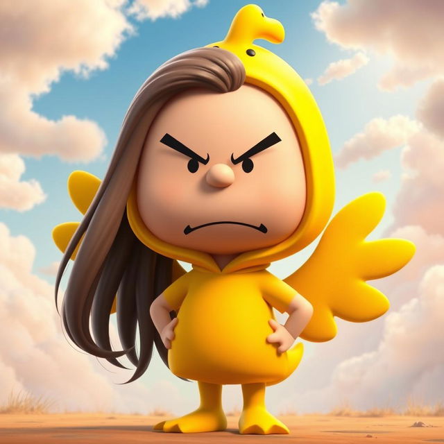 A Peanuts character with long hair, dressed in a bright and playful duck costume, displaying an exaggerated angry expression